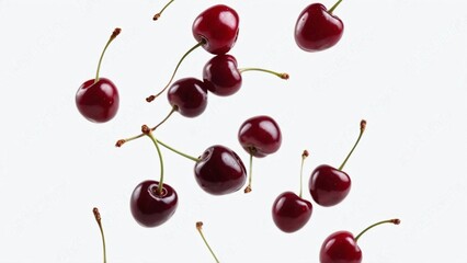Cherries floating in the air, isolated on transparent background
