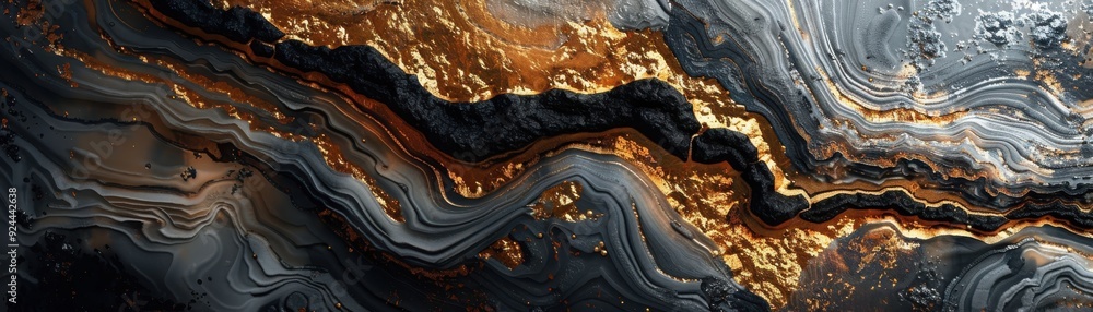 Poster an abstract design featuring flowing textures of black and gold, creating a striking visual of elega
