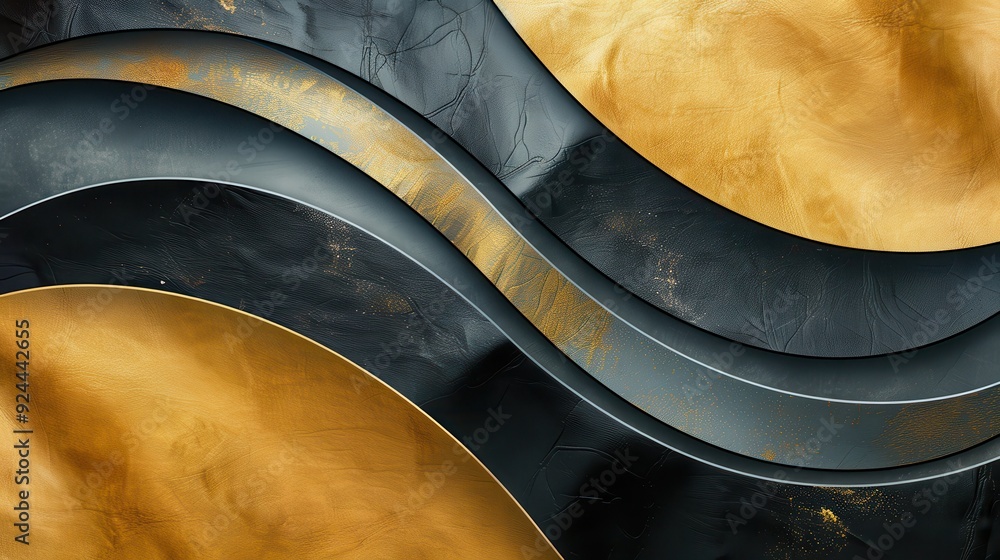 Poster an elegant abstract background featuring smooth curves in black and gold, modern design and artistic