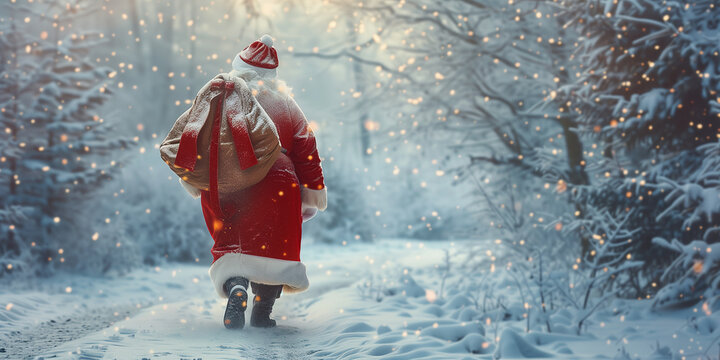 Der Nikolaus l&auml;uft in einer Schneelandschaft und bringt in seinem grossen Sack die Geschenke.