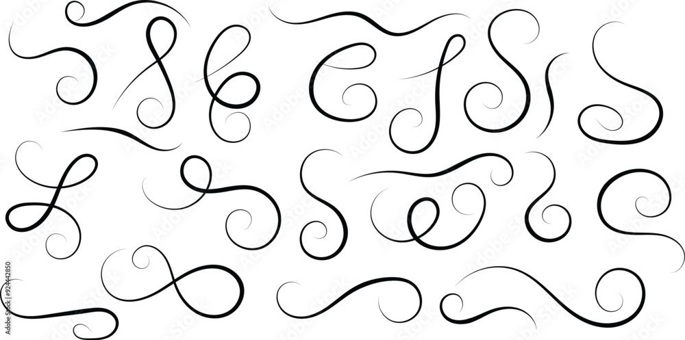 Poster set of different flourish thin line curve ornament vector illustration.