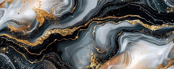 Obraz premium Stunning abstract pattern showcasing elegant swirls of black, white, and gold, Modern art and design projects.