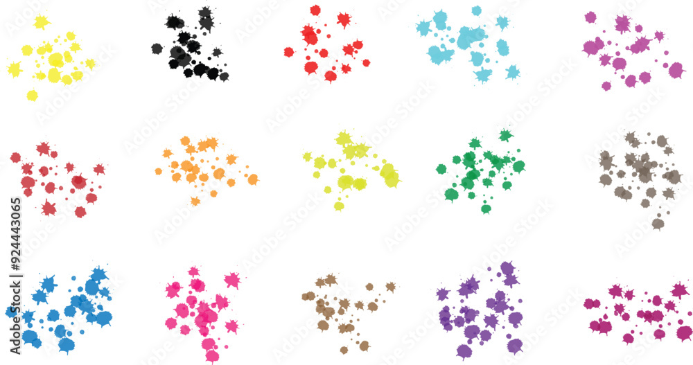 Poster set of different color ink splatter brush art vector graphics.