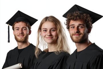 Fototapeta premium Three smiling graduates wearing black graduation caps and gowns, showcasing their achievements, with one holding a diploma, exuding pride and accomplishment.