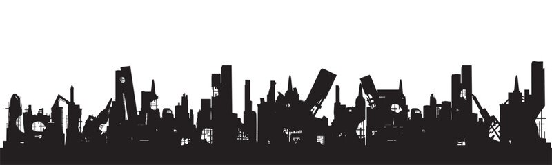 Silhouette of a destroyed city on a white background. Abandoned and destroyed buildings. Houses damaged by war or earthquake Vector.