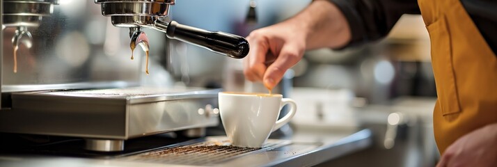 Close-up of a barista's hands pulling a fresh espresso shot using a professional espresso machine, creating a rich and flavorful coffee.
