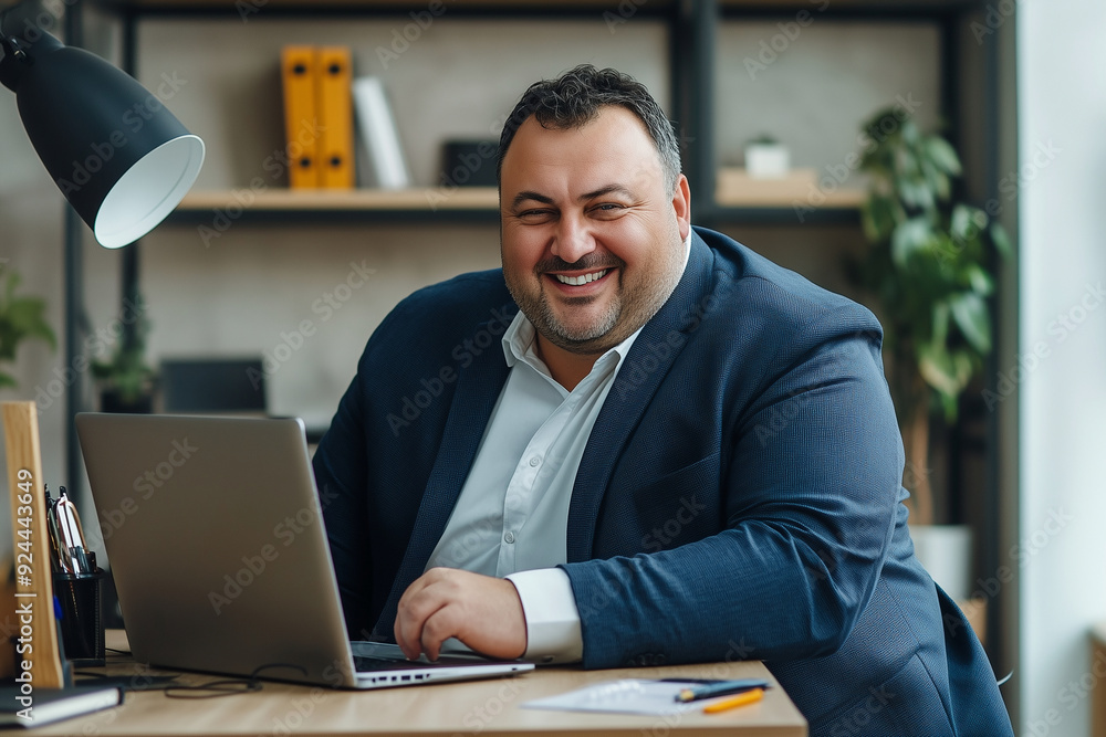 Poster plus size man with a beard is sitting at a desk with a laptop. he is smiling and he is happy