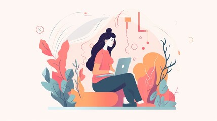 A woman is sitting on a rock with a laptop in front of her