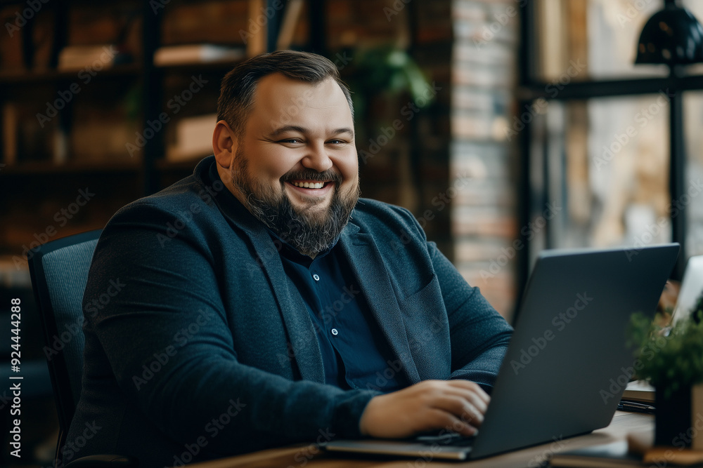 Poster plus size man with a beard is sitting at a desk with a laptop. he is smiling and he is happy