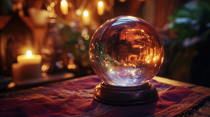 A crystal ball is prominently placed on a wooden surface covered with a richly textured, colorful cloth. The crystal ball's glossy surface reflects the warm, ambient lighting from candles in the backg