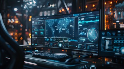 Futuristic Digital Dashboard with World Map and Data Visualization