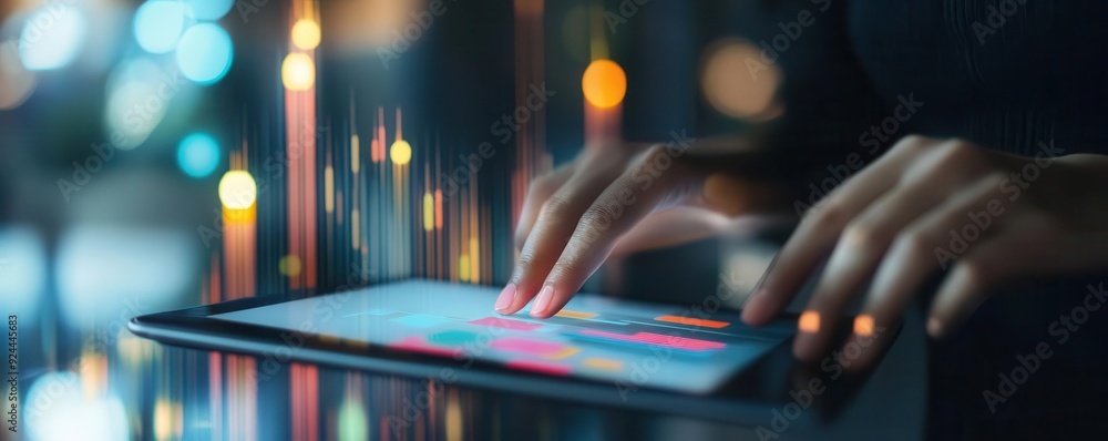 Poster a close-up of hands interacting with a digital tablet, showcasing data analysis and vibrant visual r