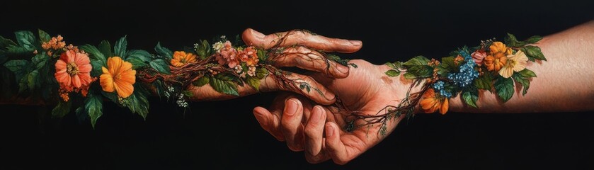 A hyperrealistic painting of hands with veins made of flowers and leaves, blending nature and human form
