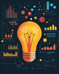 Light bulb surrounded by data and graphs, insight driving growth, flat design illustration
