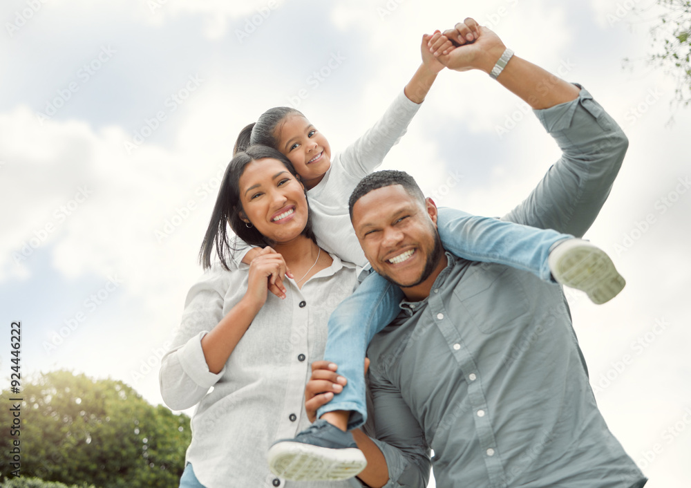 Poster Parents, girl and happy in outdoor with shoulder ride on portrait for bonding, support and fun in Brazil. People, family and kid with smile with playing for parenthood on break, relax and chill