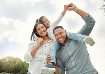 Parents, girl and happy in outdoor with shoulder ride on portrait for bonding, support and fun in Brazil. People, family and kid with smile with playing for parenthood on break, relax and chill