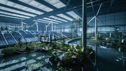 Naklejka premium Sustainable Future: Wind and Solar Energy in a Modern Greenhouse