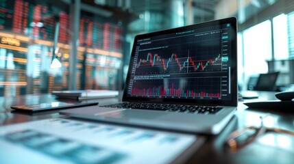 Fototapeta premium Financial Data Analysis on Laptop Screen: Stock Market Chart