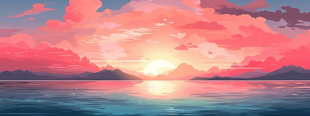 Beautiful sunset or sunrise on the sea in anime style.