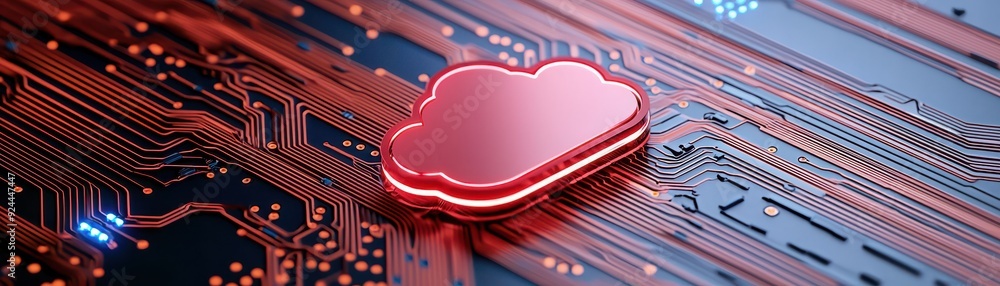 Poster a vibrant red cloud symbol on a circuit board, representing cloud computing technology and digital i