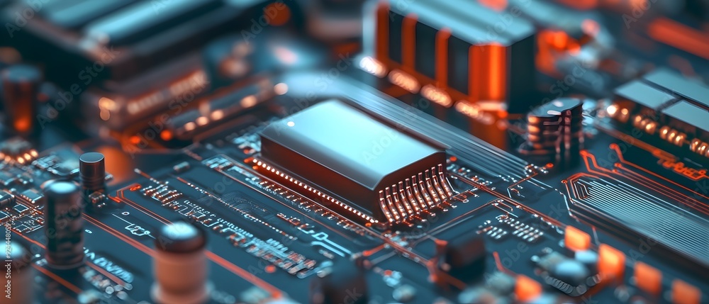 Poster detailed macro photography showcasing the intricate circuitry and sleek metallic design of advanced 