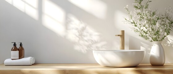 Fototapeta premium Minimalist and serene bathroom setup featuring ceramic sink fresh flowers and soft towels