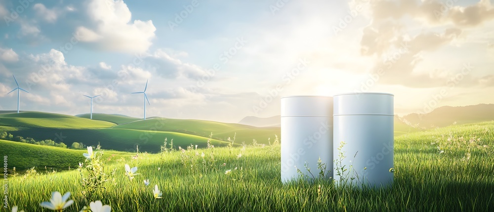 Poster advanced lithium ion battery technology powering sustainable renewable energy solutions in a landsca