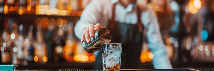 A seasoned bartender skillfully pours a drink into a glass in a dimly lit bar with a backdrop of bottles, showcasing the art of mixology.
