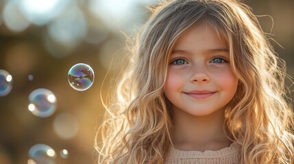 a beautiful little girl smiling in nature with bubbles in the background portrait