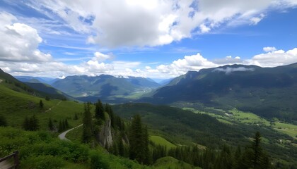 Fototapeta premium Stunning Alpine Landscape with Lush Greenery and Dramatic Skies