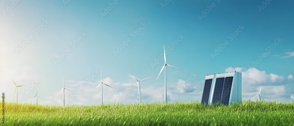 Poster sustainable power solutions with advanced lithium ion battery technology and renewable energy source