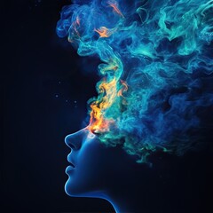 A surreal image depicting a profile of a person's head with vibrant smoke and flame-like colors emerging from the mind.