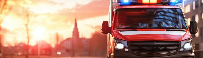 A vibrant scene of an ambulance responding to an emergency, showcasing urgency and healthcare professionalism during sunset.