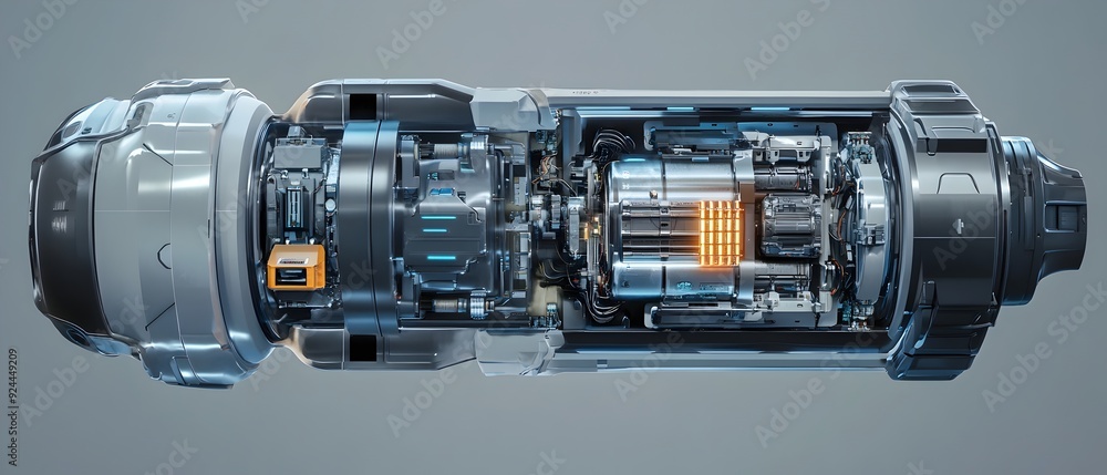 Poster detailed cross section view of advanced high tech power cells featuring intricate solid state circui