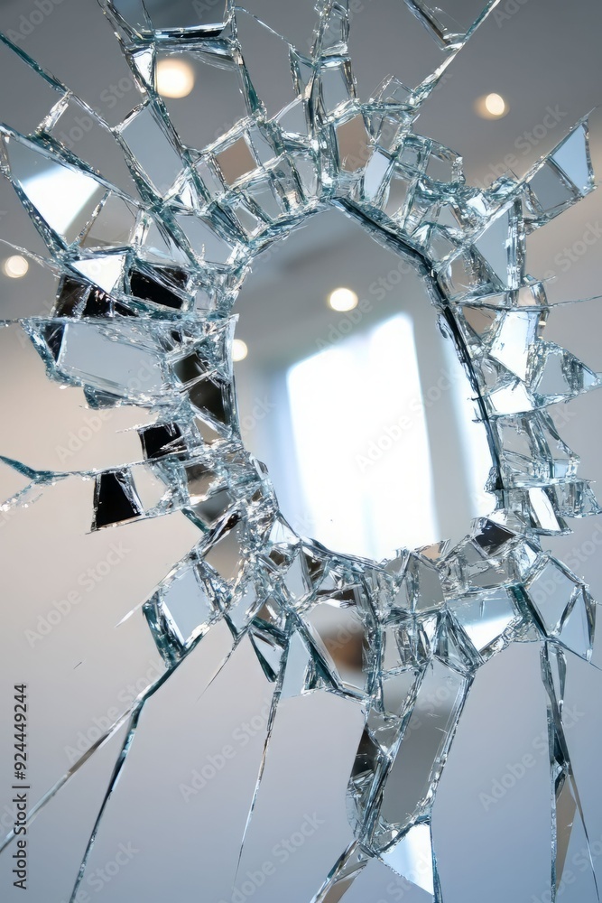 Poster a close-up of a shattered mirror reflecting light, capturing broken reflections in a modern setting.