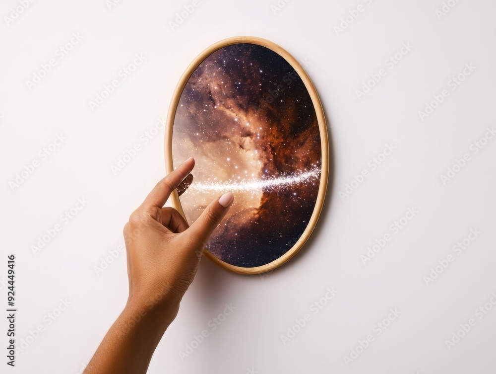 Poster a hand touching a cosmic image in a frame, symbolizing exploration of the universe and the connectio