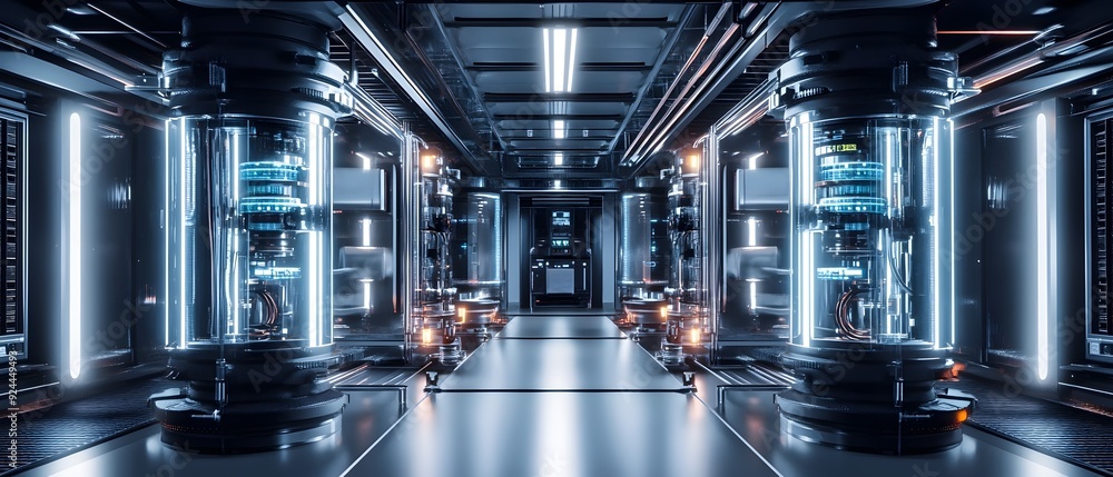 Poster futuristic scene of advanced power cells charging in a sleek high tech laboratory environment intric