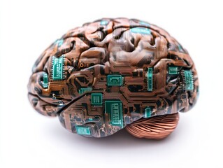 Fototapeta premium A futuristic brain sculpture featuring intricate circuit designs, symbolizing the fusion of technology and human intellect.