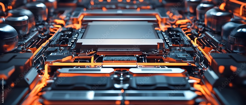 Poster advanced high capacity lithium ion power cells intricate circuitry and sleek metallic casing
