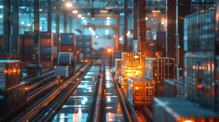 Fototapeta premium Cargo Containers on Railroad Tracks at Night