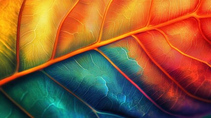 A closeup of a leaf with multicolored veins, glowing in sunlight, hyperrealistic details