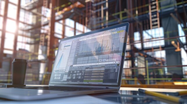 Laptop with Data Analysis Charts on a Construction Site