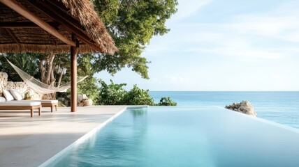 Fototapeta premium Close-up of luxurious beachfront villa with private pool and tropical gardens.