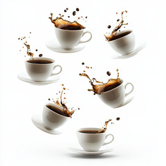 cup of coffee floating in the air on white background