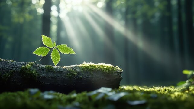 Moss-covered tree branch illuminated by light beam, chiaroscuro.