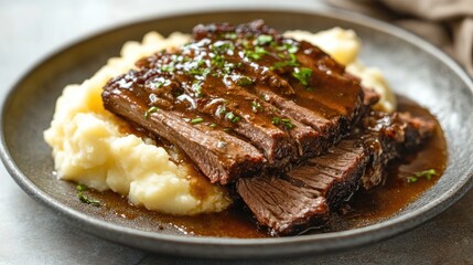 Slow-cooked beef brisket served with mashed potatoes and gravy on a rustic plate.
