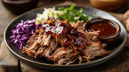 Fototapeta premium Slow-cooked pulled pork served with BBQ sauce and coleslaw on a rustic plate.