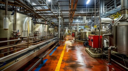Industrial Factory Interior with Stainless Steel Tanks and Machinery