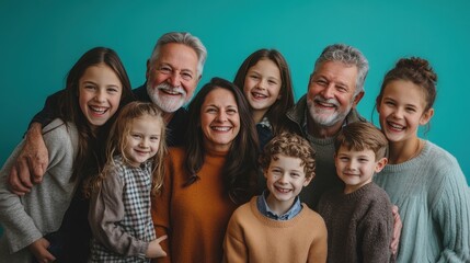 Obraz premium A happy family poses together, showcasing smiles and warmth in a vibrant studio backdrop