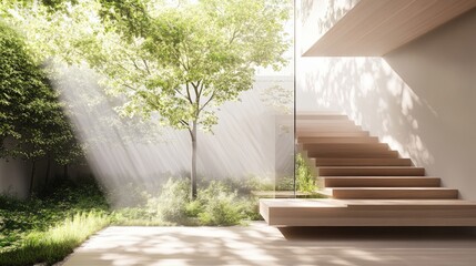 Staircase with a glass balustrade and wooden steps, seamlessly blending modern and natural elements.